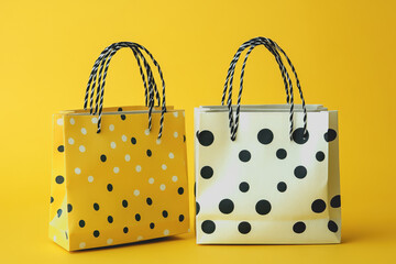 Bright and Cheerful Yellow Shopping Bags with Polka Dots on a Vibrant Yellow Background Perfect for Retail Displays and Marketing Materials