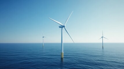 Three wind turbines are in the ocean, with the tallest one in the middle