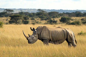Obraz premium A white rhinoceros walks through tall grass in a savanna, with a distant view of trees and hills.