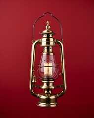 Victorian brass gas lantern on a plain deep red background