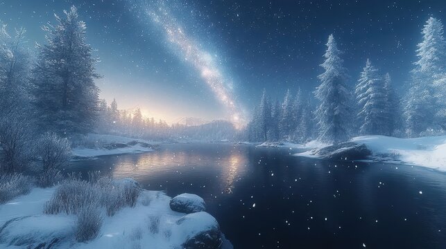 enchanting snowscape under a starlit sky, with soft snow blanketing the landscape and twinkling stars overhead, creating a peaceful winter night scene filled with wonder