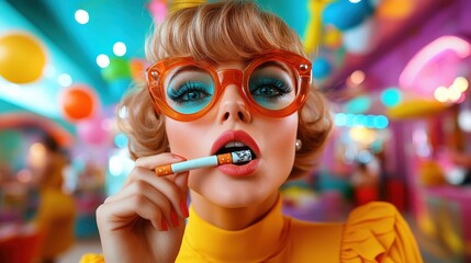 A colorful, retro-themed portrait of a stylish woman in oversized glasses, holding a decorative...