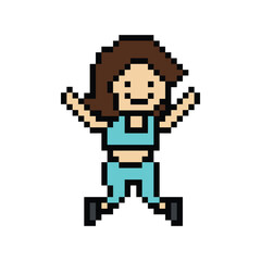 Cute cartoon pixel character cute woman exercises jump happy cheerful dance lifestyle music decoration life style 8 bit female girl dance music game fitness isolated PNG vector.