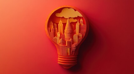 Artistic Representation of a Cityscape Inside a Light Bulb Against a Red Background, Symbolizing Creativity and Innovation with Urban Elements