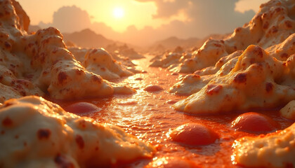 Surreal landscape resembling molten cheese and tomato sauce, with peaks and valleys illuminated by warm sunset. whimsical and imaginative scene evoking sense of wonder