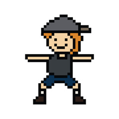 Obraz premium Cute cartoon pixel character cute man exercises training aerobic dance lifestyle music decoration life style 8 bit male boy dance with music game fitness isolated PNG vector.