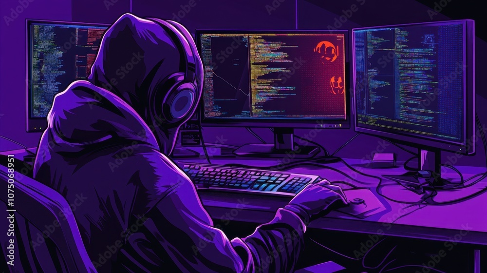Poster dark atmosphere of a programmer in a hoodie working on code with multiple monitors, immersed in tech