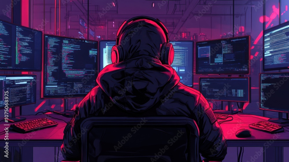 Poster futuristic hacker in hoodie surrounded by multiple monitors displaying code and data, emitting a neo