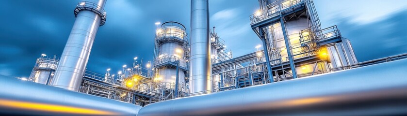 An industrial landscape showcasing large metal pipes and structures.