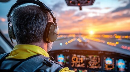 Obraz premium A pilot wearing headphones sits in a cockpit during a golden sunset, preparing for takeoff, illustrating focus, adventure, and precision in aviation.