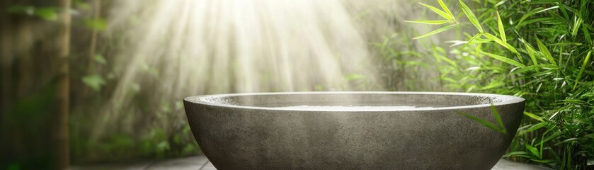 Fototapeta premium A serene zen bowl surrounded by lush greenery and warm sunlight.