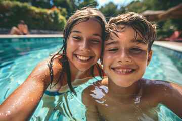 Smiling siblings taking a selfie in the pool, showcasing summer fun and togetherness.