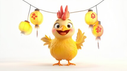 A cheerful cartoon chicken with colorful lanterns, perfect for festive themes.