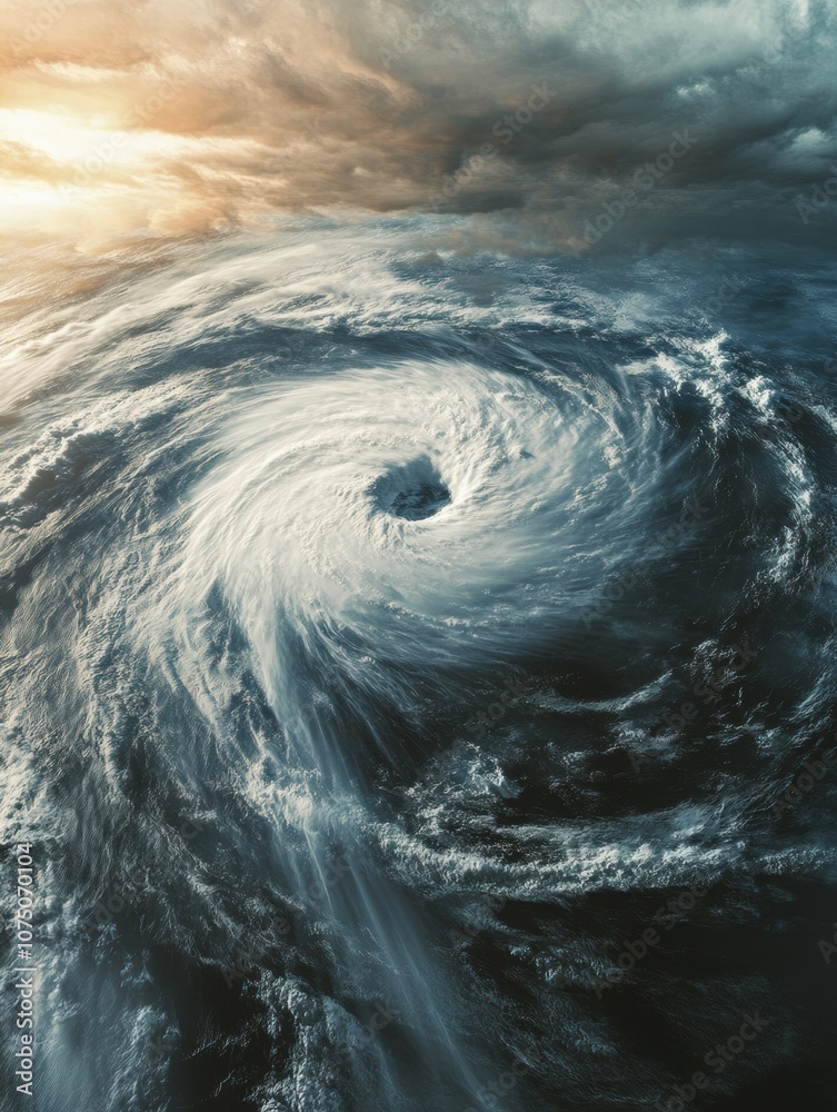 Poster a massive hurricane is forming in the open ocean, characterized by swirling winds and dark clouds un