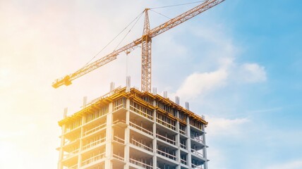 A tall construction building with a crane against a blue sky.
