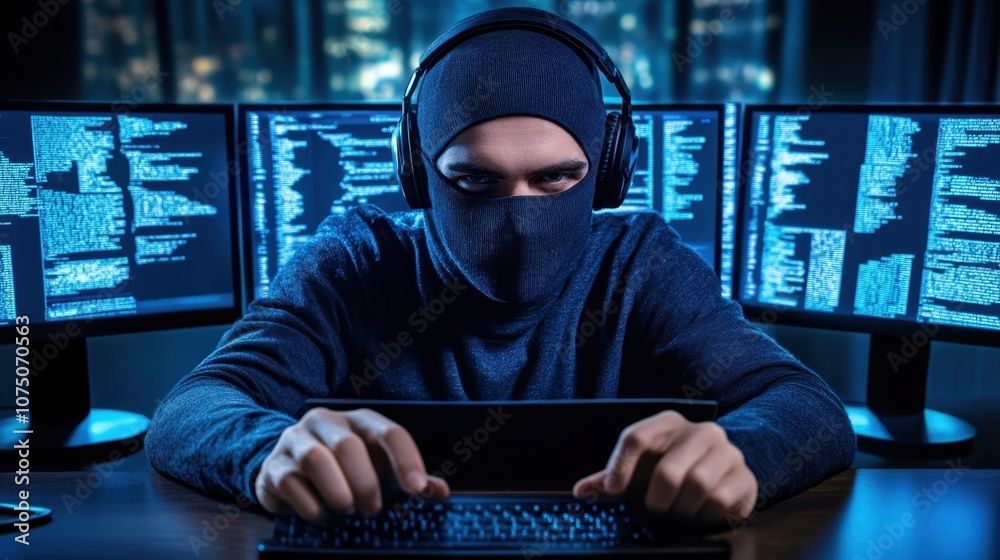 Poster focused hacker in a dark room with multiple computer screens showcasing digital code and data, exemp