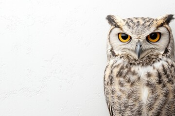 Obraz premium A majestic owl with striking yellow eyes, perched against a neutral background, symbolizes wisdom and mystery.