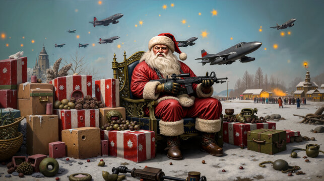 A santa claus sitting on a chair with a machine gun