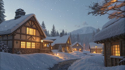 Fototapeta premium Snowy winter village at dusk with cozy cottages