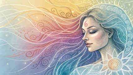 Woman with colorful flowing hair and lotus symbol in cosmic scene

