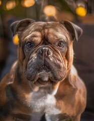 Obraz premium tan brown bulldog with white chest looking into camera, portrait, neutral bokeh background