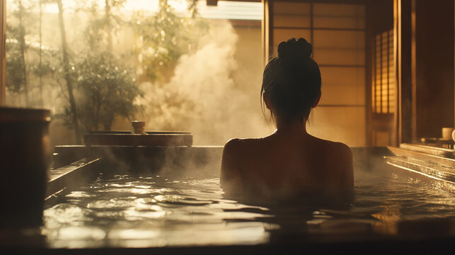 Peaceful moment in a hinoki bath with a Japanese woman