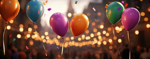 A vibrant scene with colorful balloons floating above festive lights, creating a joyful and celebratory atmosphere.
