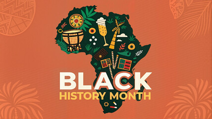 Black History Month celebration with African icons on orange background.
