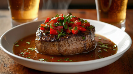 A large, juicy steak with vibrant red peppers and herbs on top is nestled in rich brown sauce, placed on an elegant white plate that rests atop of wooden table. T