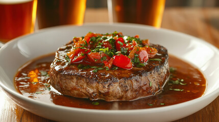 A large, juicy steak with vibrant red peppers and herbs on top is nestled in rich brown sauce, placed on an elegant white plate that rests atop of wooden table. T