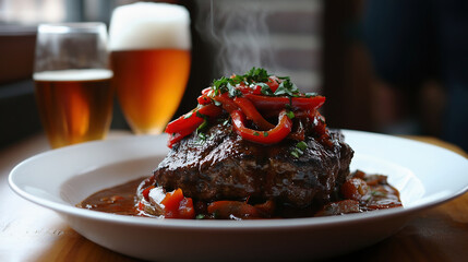 A large, juicy steak with vibrant red peppers and herbs on top is nestled in rich brown sauce, placed on an elegant white plate that rests atop of wooden table. T