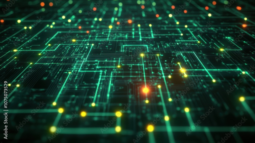 Wall mural abstract digital circuit design with glowing lines and dots.
