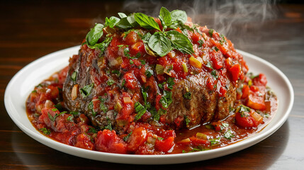 A large, juicy steak with vibrant red peppers and herbs on top is nestled in rich brown sauce, placed on an elegant white plate that rests atop of wooden table. T