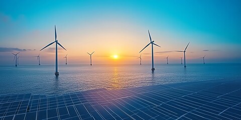 Wind turbines and solar panels on the ocean at sunset.