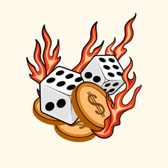 These fiery dice and chip coins on fire are perfect for gambling play doodle a poster, screensaver, website or postcard.
