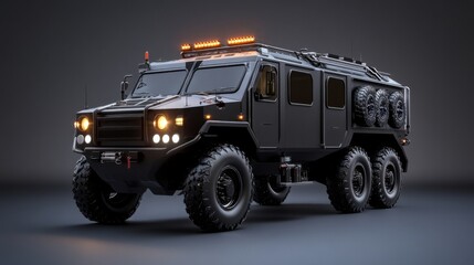 Obraz premium Rugged Off-Road Vehicle with Six Wheels and LED Lighting for Adventure and Terrain Exploration in Modern Stock Photography