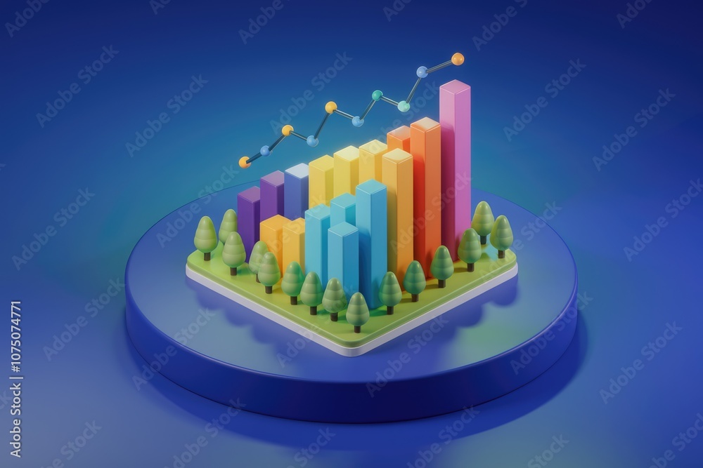 Poster colorful 3d bar graph with line showing upward trend