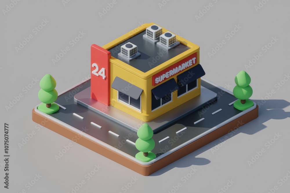 Poster a 3d model of a 24 hour supermarket with trees.