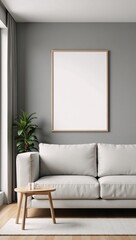 Fototapeta premium Mockup showcasing modern living room interior on a wall featuring a paper-sized frame displaying an image of a house against a contemporary backdrop