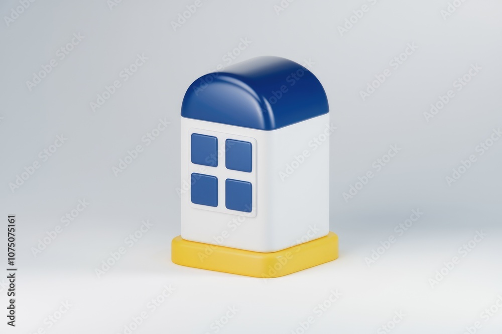 Poster 3D rendering of a simple house icon with blue roof  yellow base and white walls.