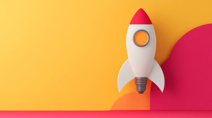 Startup Concept with Lightbulb Rocket in Bold Vibrant Colors 3D