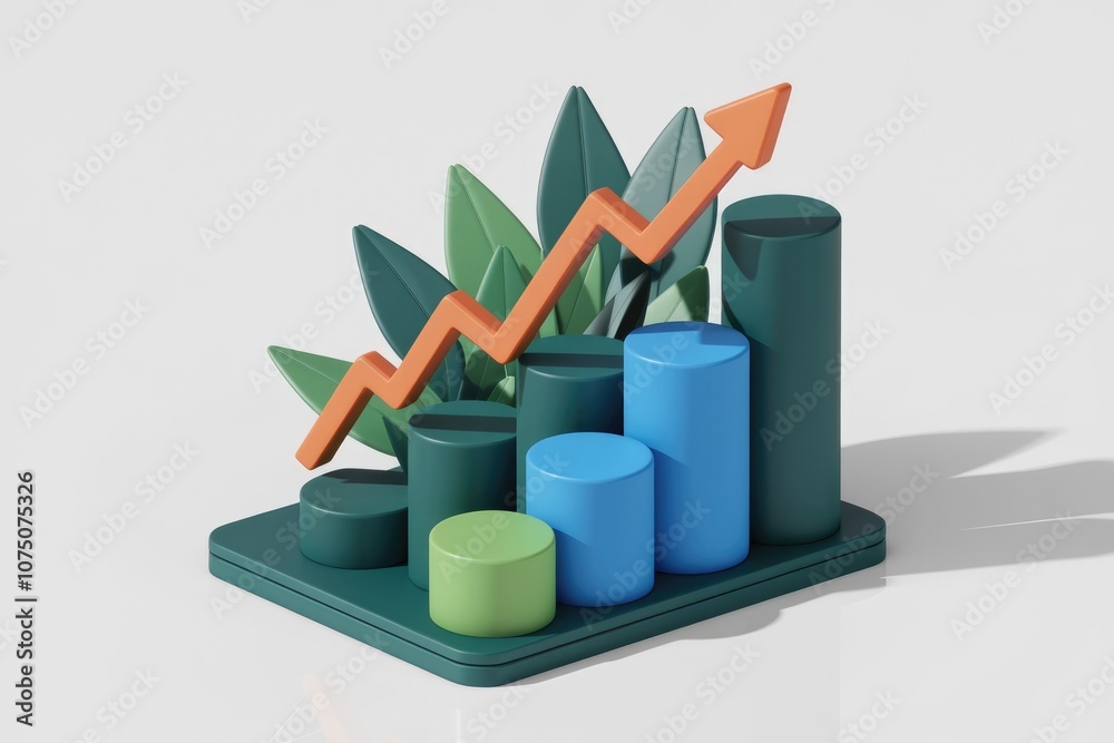 Poster 3D illustration of a bar graph with an upward arrow  symbolizing growth.