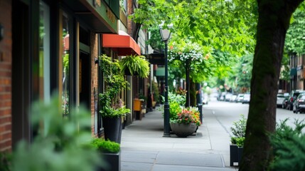 A street with a sidewalk lined with potted plants and a tree