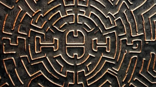 Intricate geometric maze design featuring textured lines and abstract patterns, inviting exploration through captivating labyrinth art that evokes curiosity and complexity.