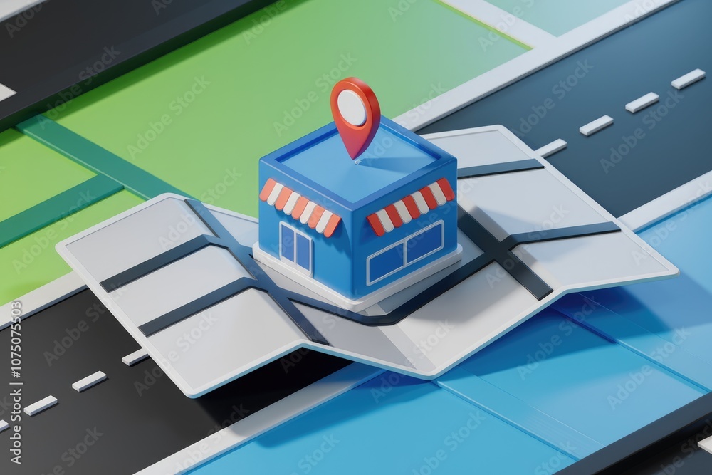 Poster a 3d illustration of a store location on a map
