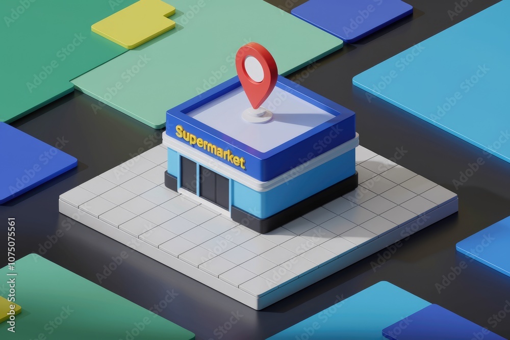 Poster 3D rendering of a supermarket building with a location pin on top