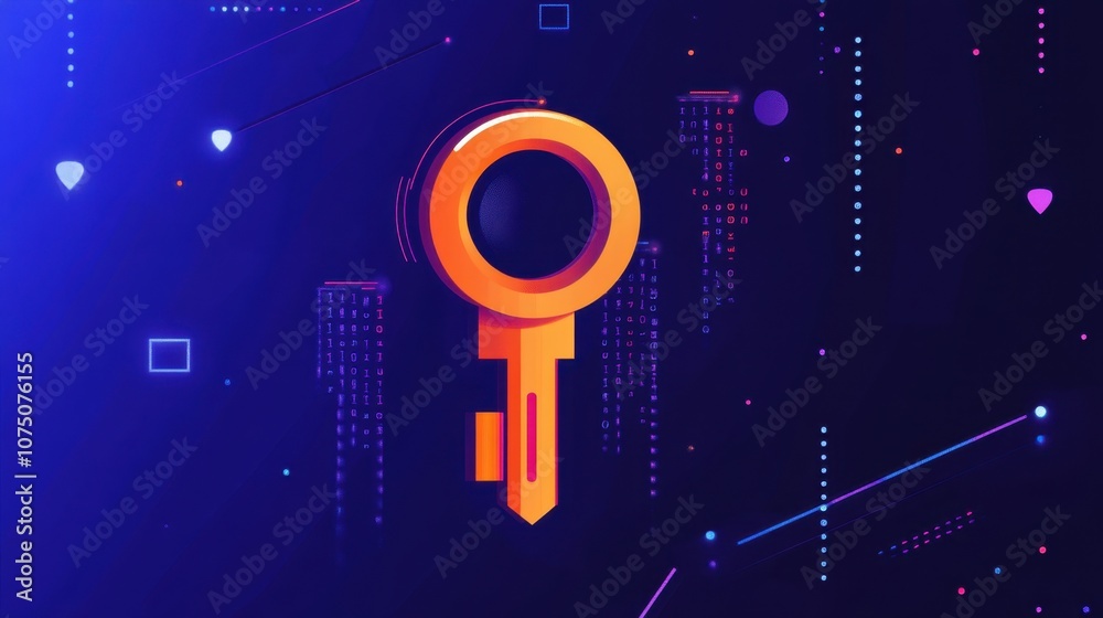 Poster vibrant key icon with digital background - symbol of security and access in technology and data, rep