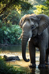 Elephant Standing in a Lush Jungle Near a Water Stream