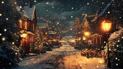 Obraz premium A beautiful christmas village scene with glowing street lamps.