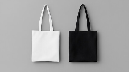 a black and a white tote bag mockup on a grey background.